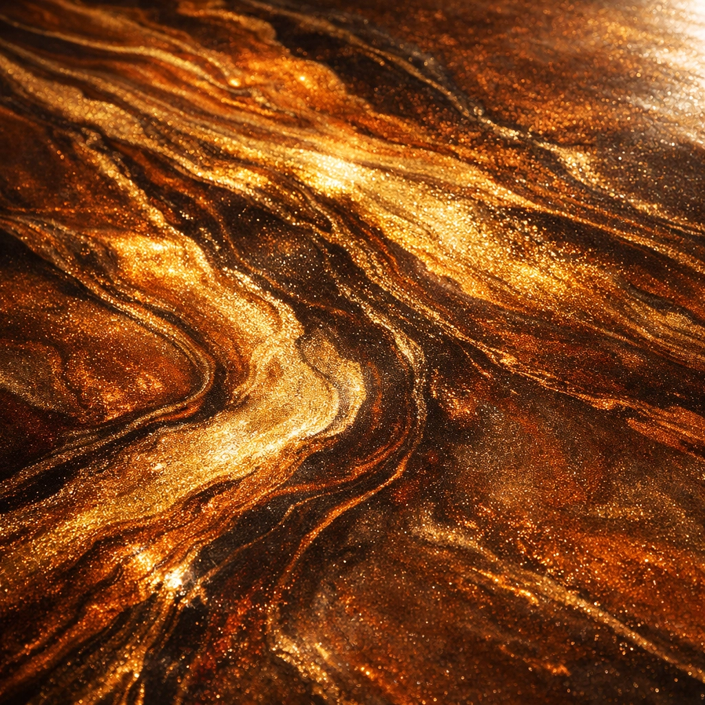 Close-up of bronze metallic epoxy floor showing marble-like swirls and shimmer