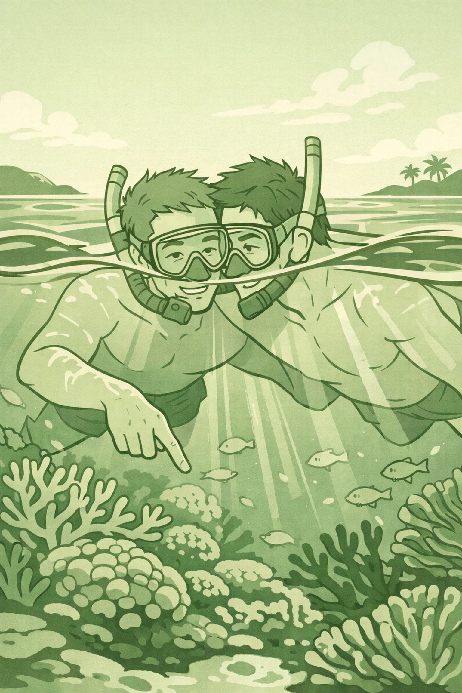 Gay couple snorkeling together in crystal-clear waters off Phuket