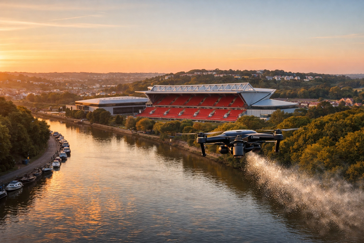 Drone ash scattering ceremony over the River Avon with Ashton Gate Stadium in the background.