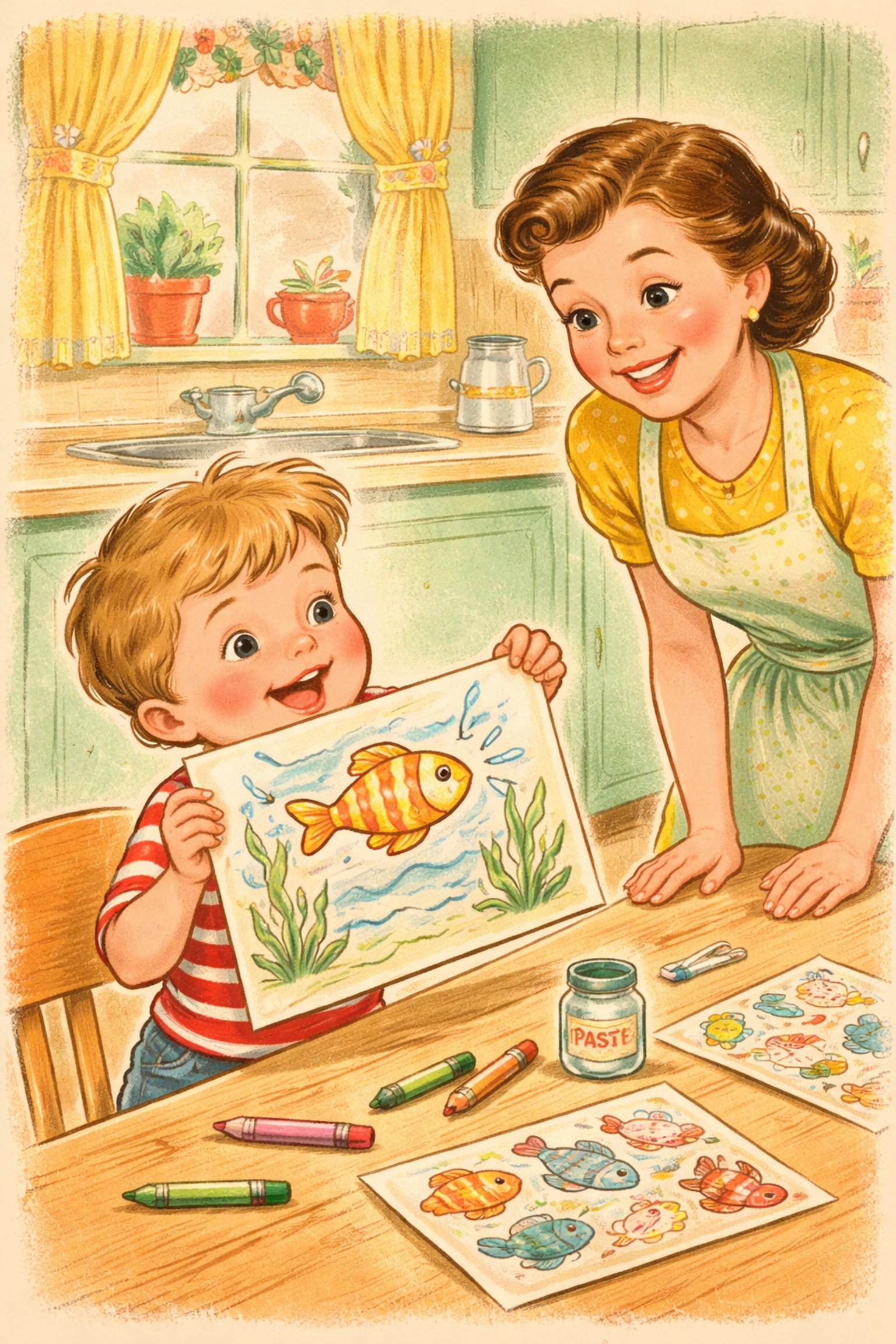 Child proudly displaying completed sticker story artwork to a smiling parent, showcasing family-friendly creativity.