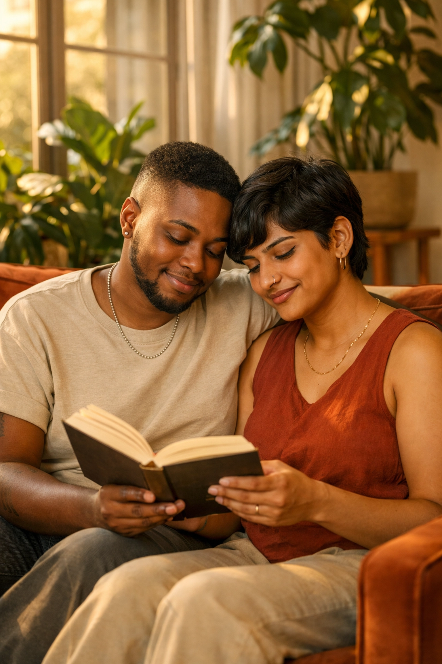Black trans man and South Asian non-binary person sharing a book, exploring intersectional MM romance.
