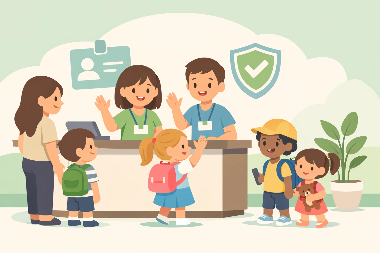 Kids are welcomed by smiling volunteers at a children’s ministry check-in area, creating a safe and friendly first impression.