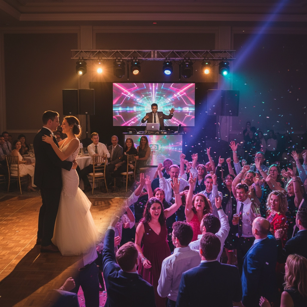 Bride and groom dance under colorful lights as a DJ plays music. Guests cheer and dance, confetti fills the air in a lively celebration.
