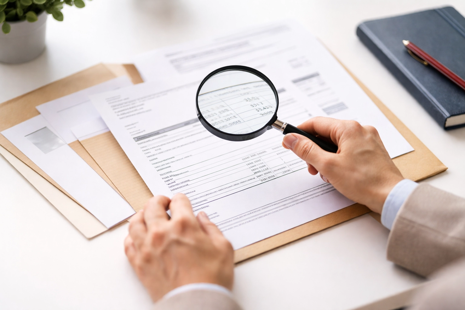 Closeup of hands inspecting financial documents with magnifying glass, searching for credit report errors