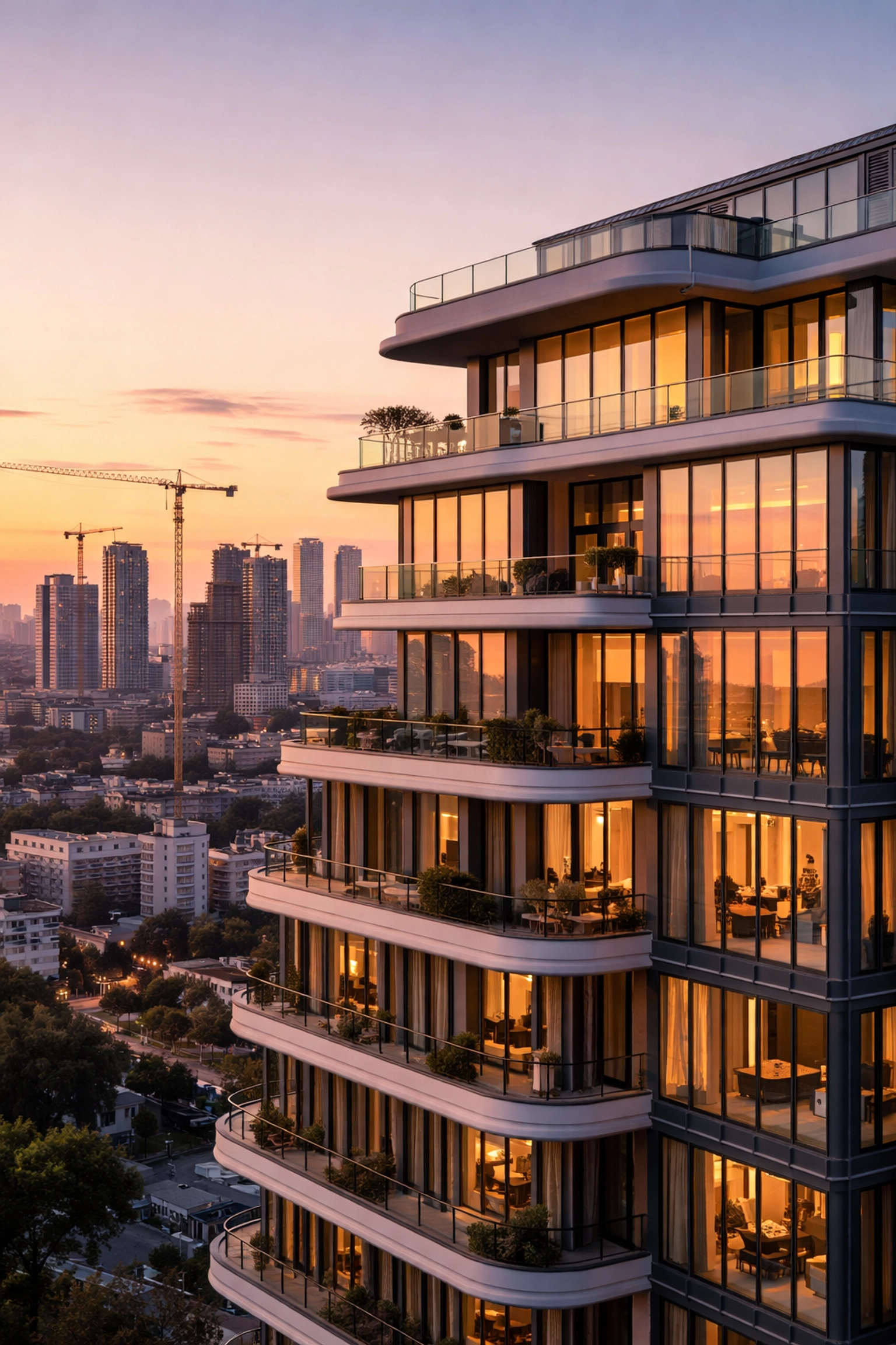 Modern luxury apartment building at sunset, depicting private real estate investment opportunities in 2026