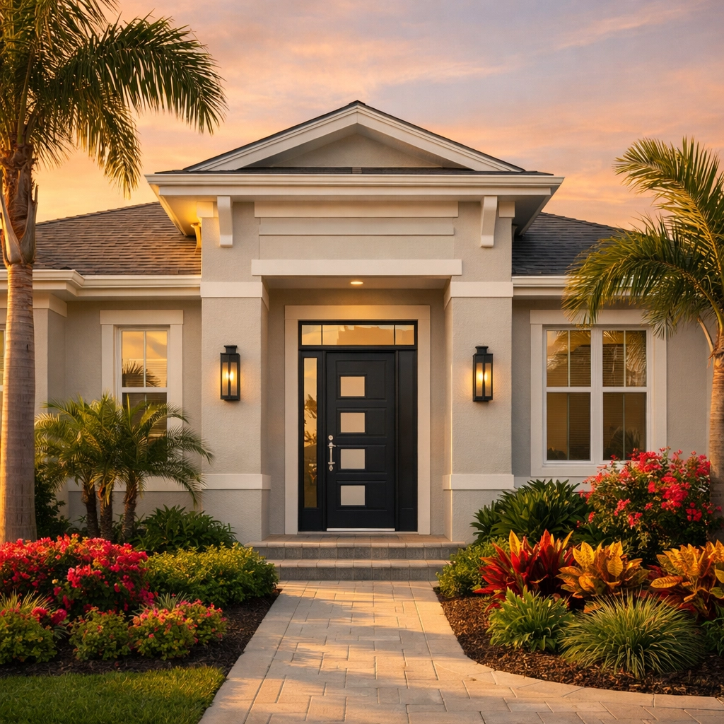 Modern Orlando home exterior painted in light gray with white trim and tropical landscaping