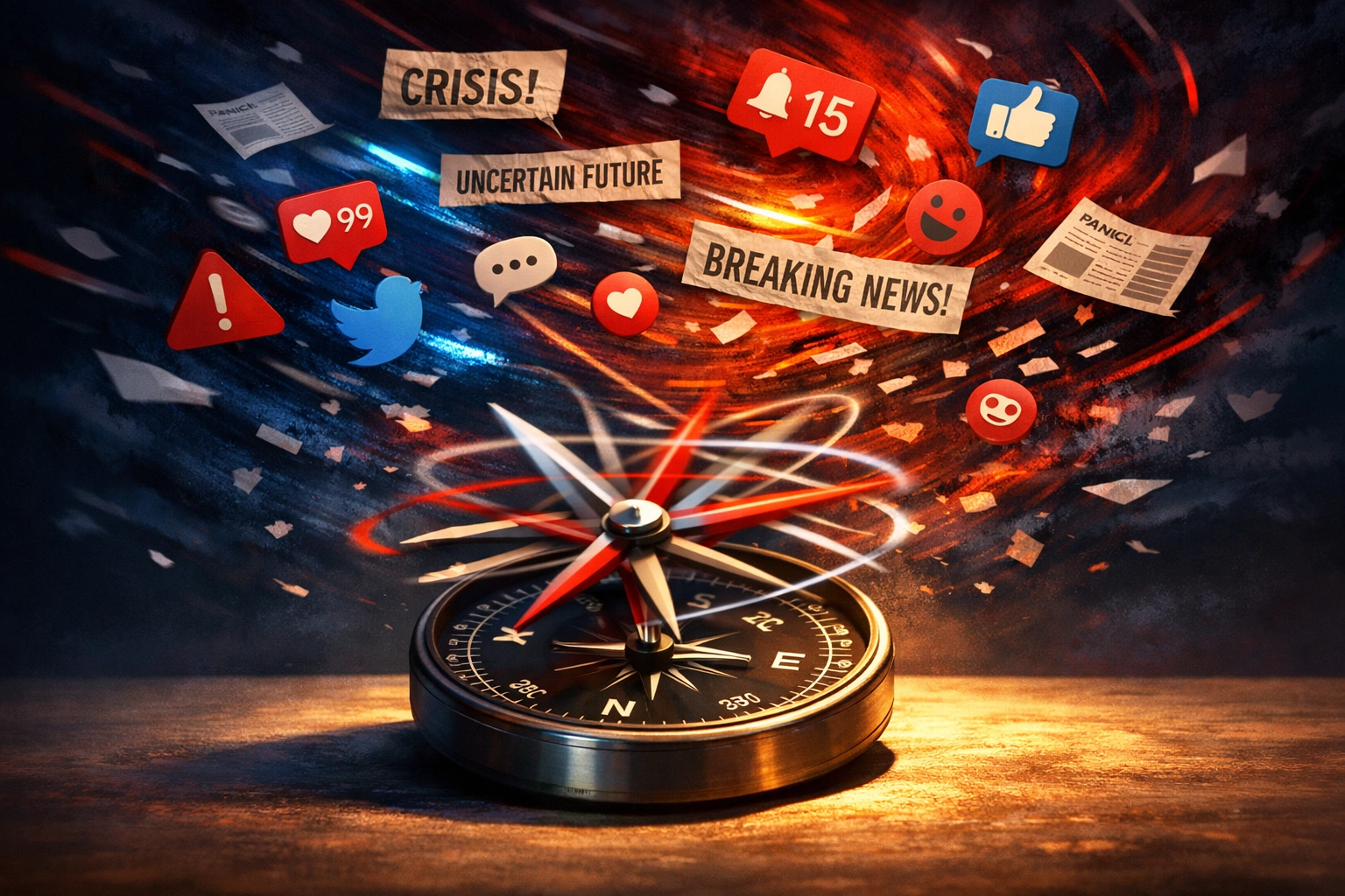 Spinning compass surrounded by chaotic news headlines representing fear and confusion