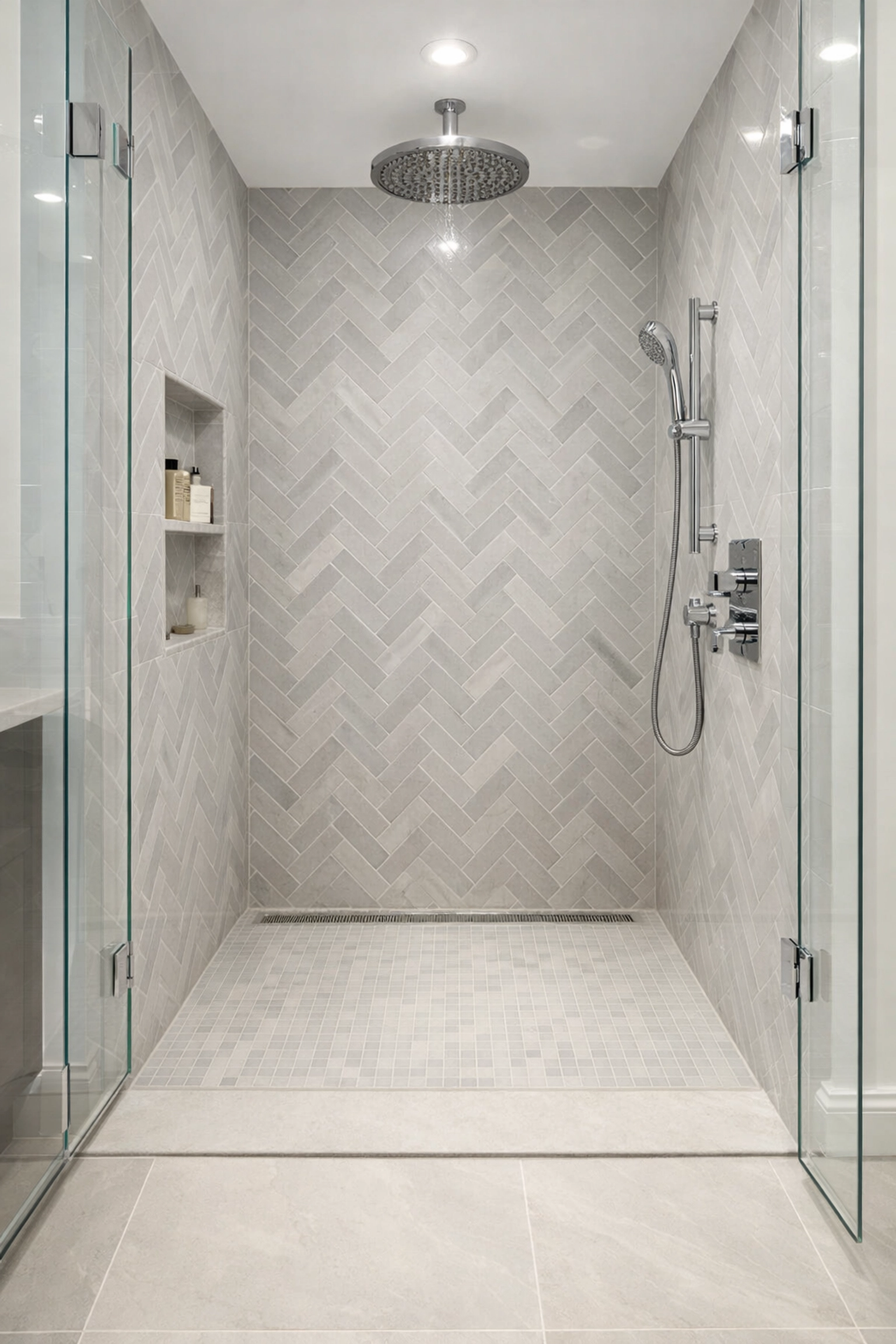 Modern curbless walk-in shower with rainfall head, showcasing expert bathroom remodeling Orlando craftsmanship.