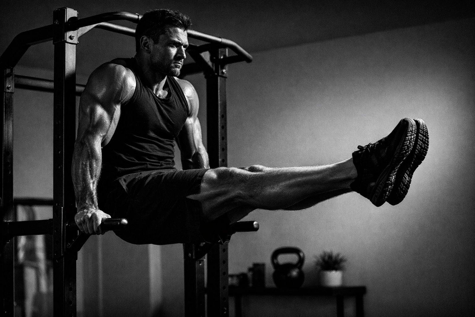 Athlete performing advanced calisthenics muscle-up on minimalist home gym equipment