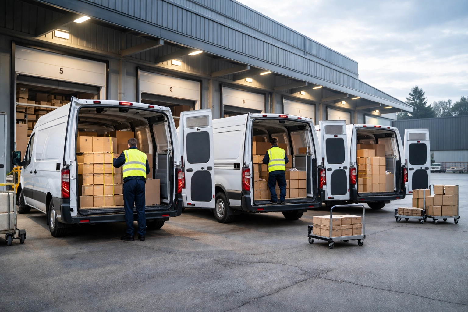Fleet of delivery vans at a loading dock with workers and packages, showing commercial auto coverage for e-commerce and delivery businesses.
