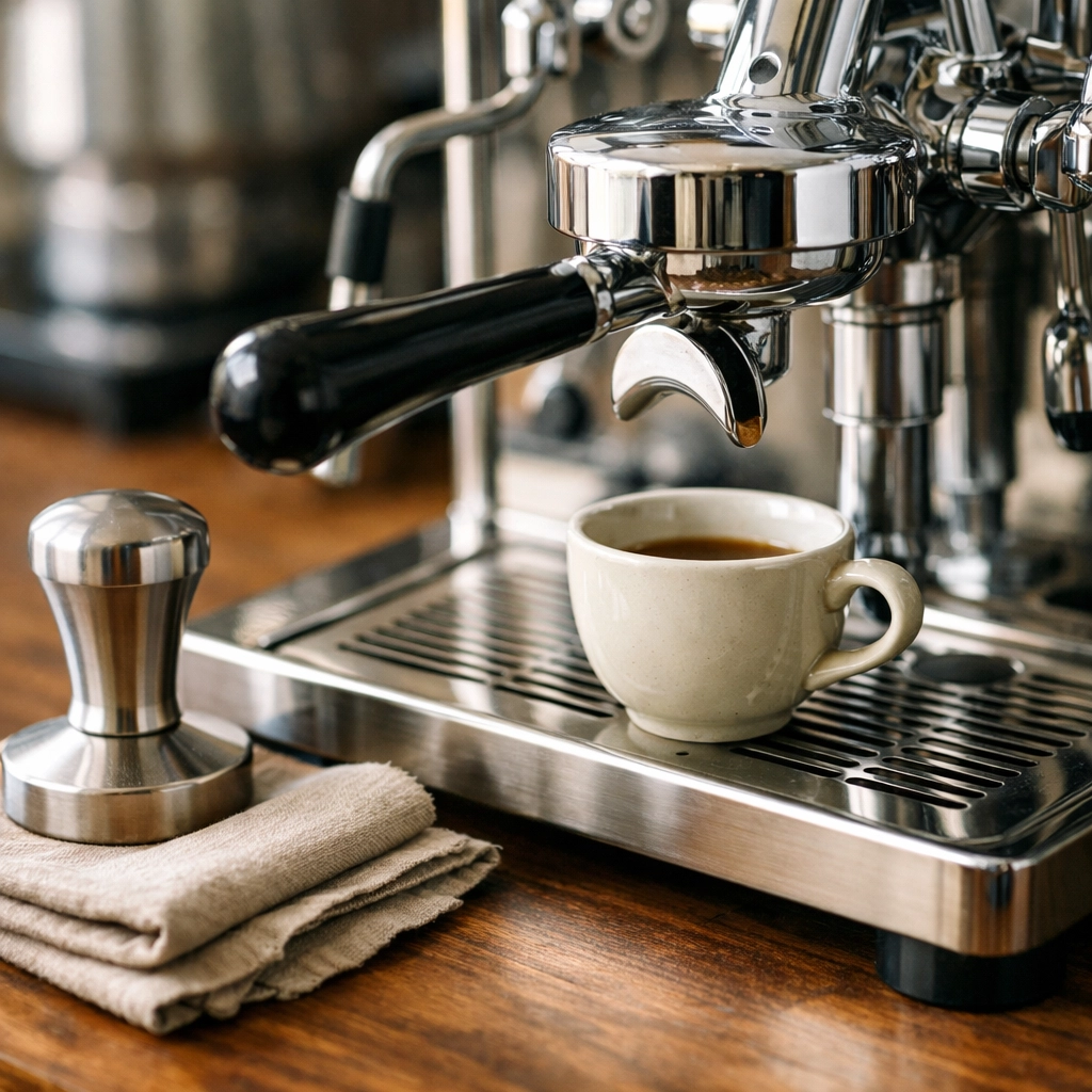 Professional stainless steel espresso machine and barista tools on a workbench.