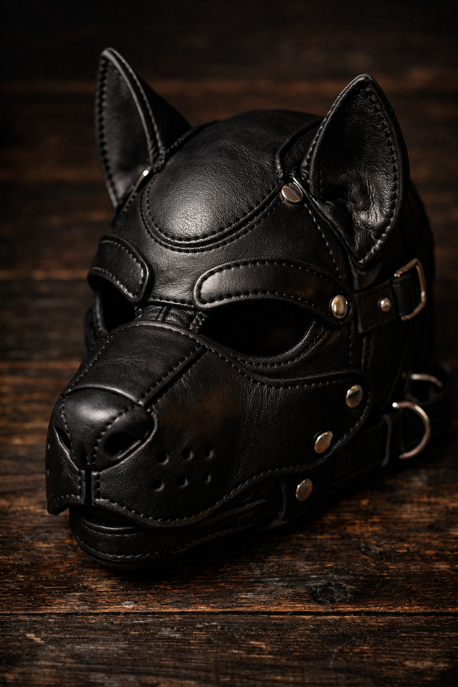 Black leather puppy play hood with sculpted muzzle and ears on wooden surface