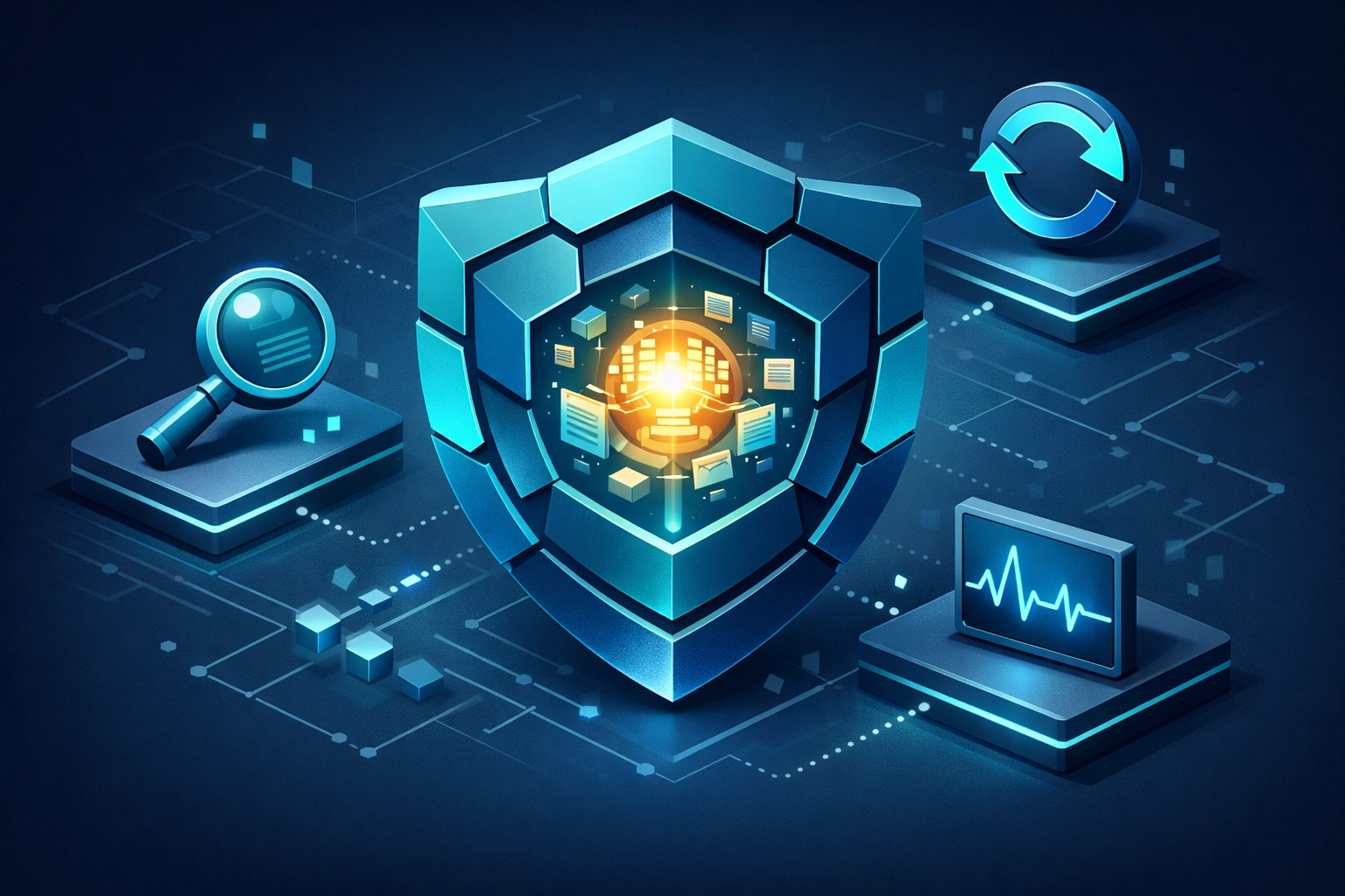 A protective cybersecurity shield over business data with icons for auditing and security monitoring.