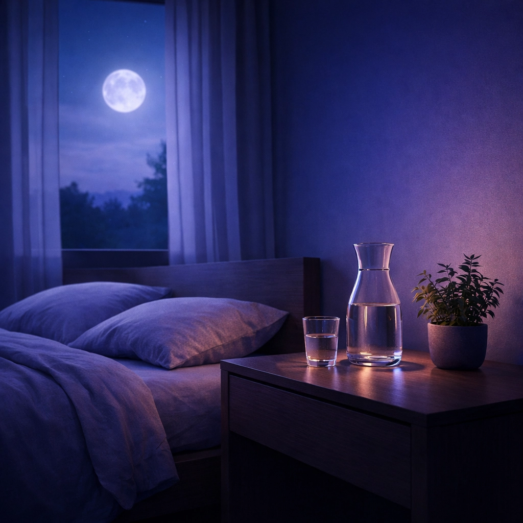 Darkened, screen-free bedroom at twilight promoting healthy sleep patterns for long-term wellness.