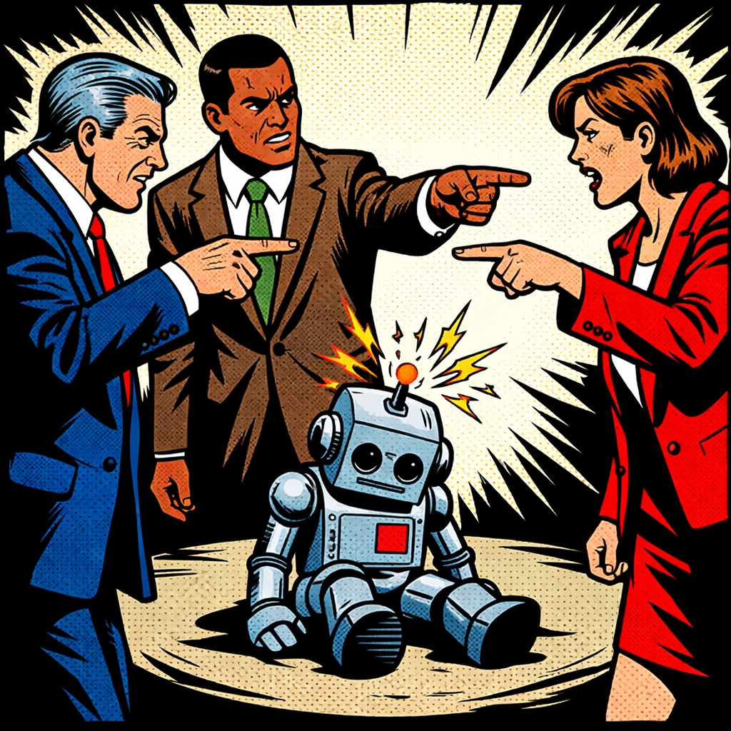 Business team pointing fingers after an ai business automation failure, illustrating a lack of clear ownership.