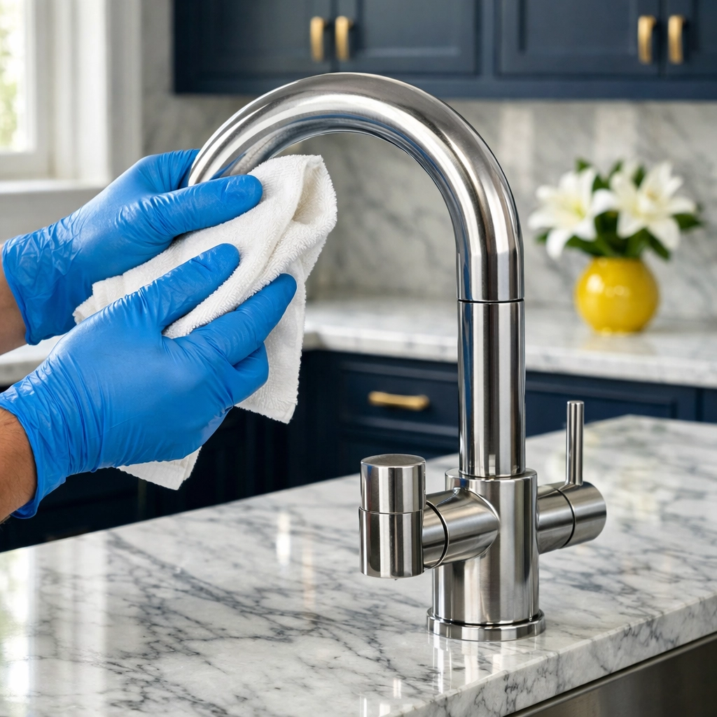 Polishing a high-end kitchen faucet during a luxury house cleaning in Newton service.