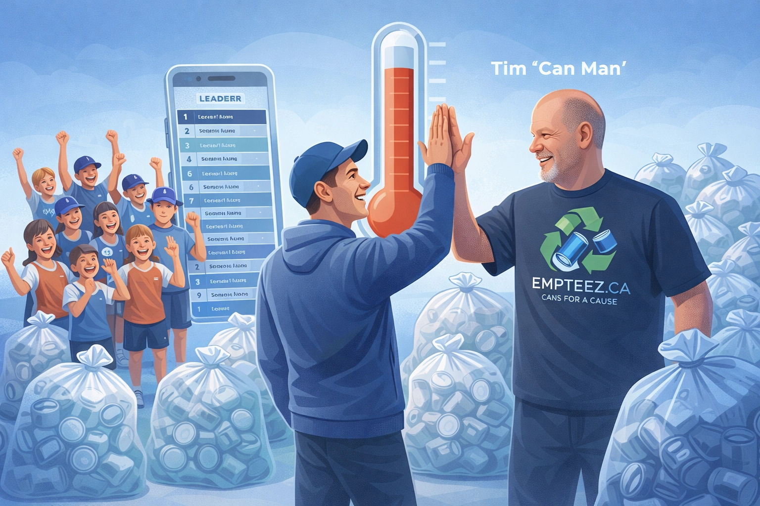 Community fundraising impact with a leaderboard and Tim “Can Man” Kemsley high-fiving a coach (Empteez.ca)