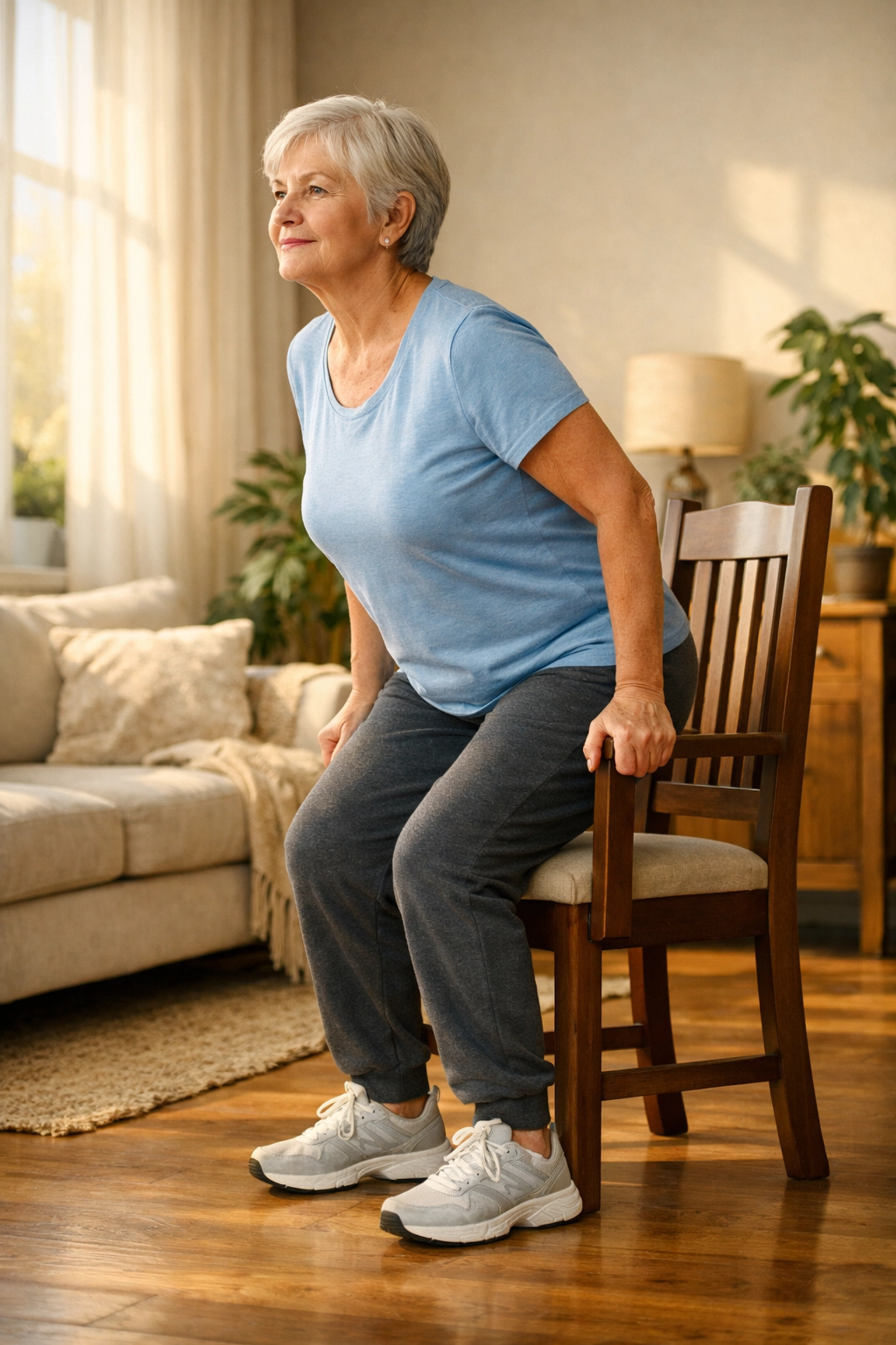 Senior practicing sit-to-stand balance exercises at home to build leg strength and stability.