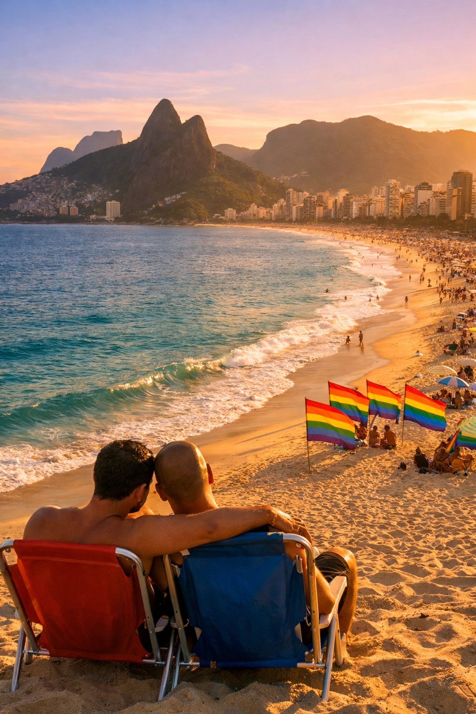 Gay couple enjoying sunset at Ipanema Beach Rio with rainbow pride flags at LGBTQ-friendly Posto 9