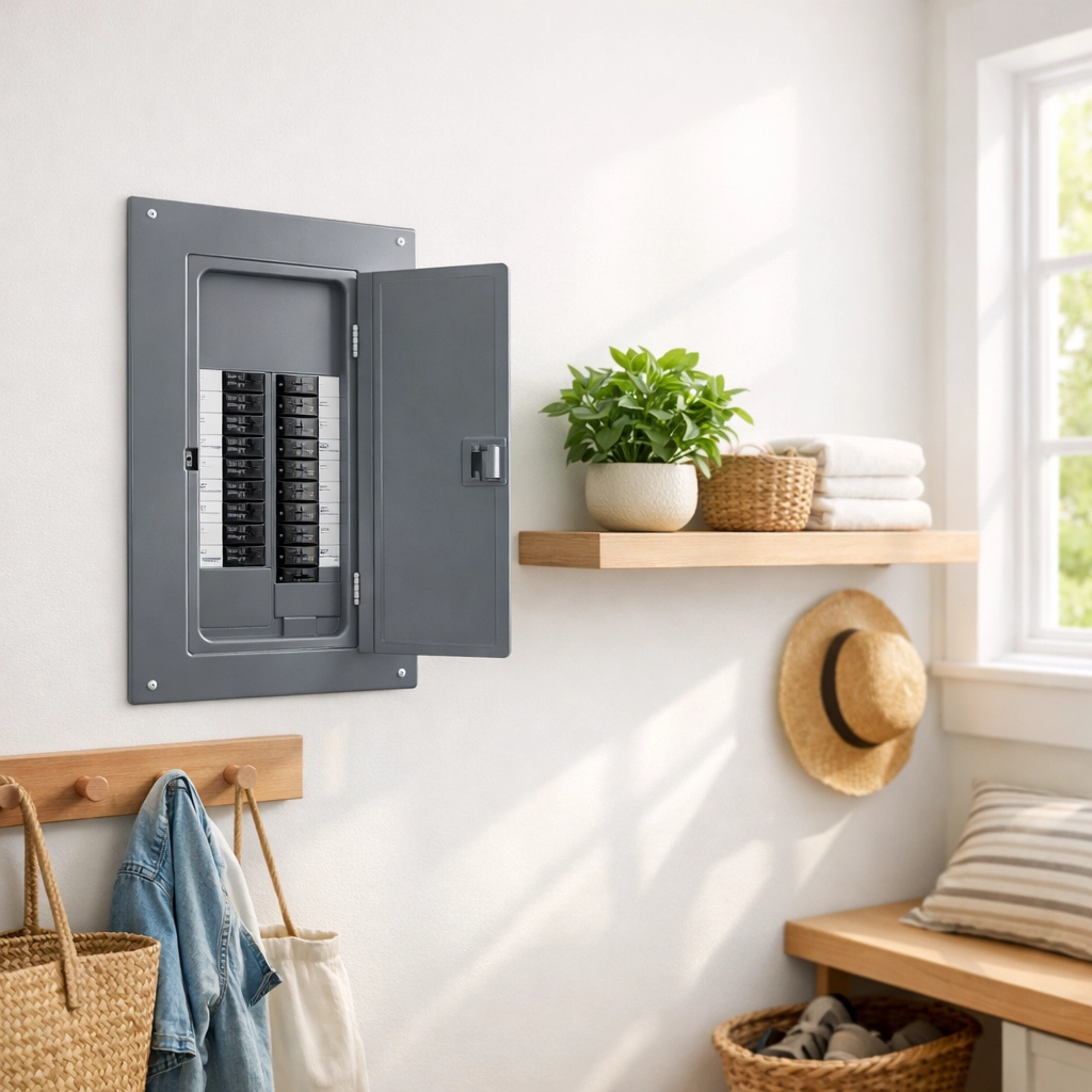Modern home electrical panel in a bright utility room, highlighting importance of proper service capacity.