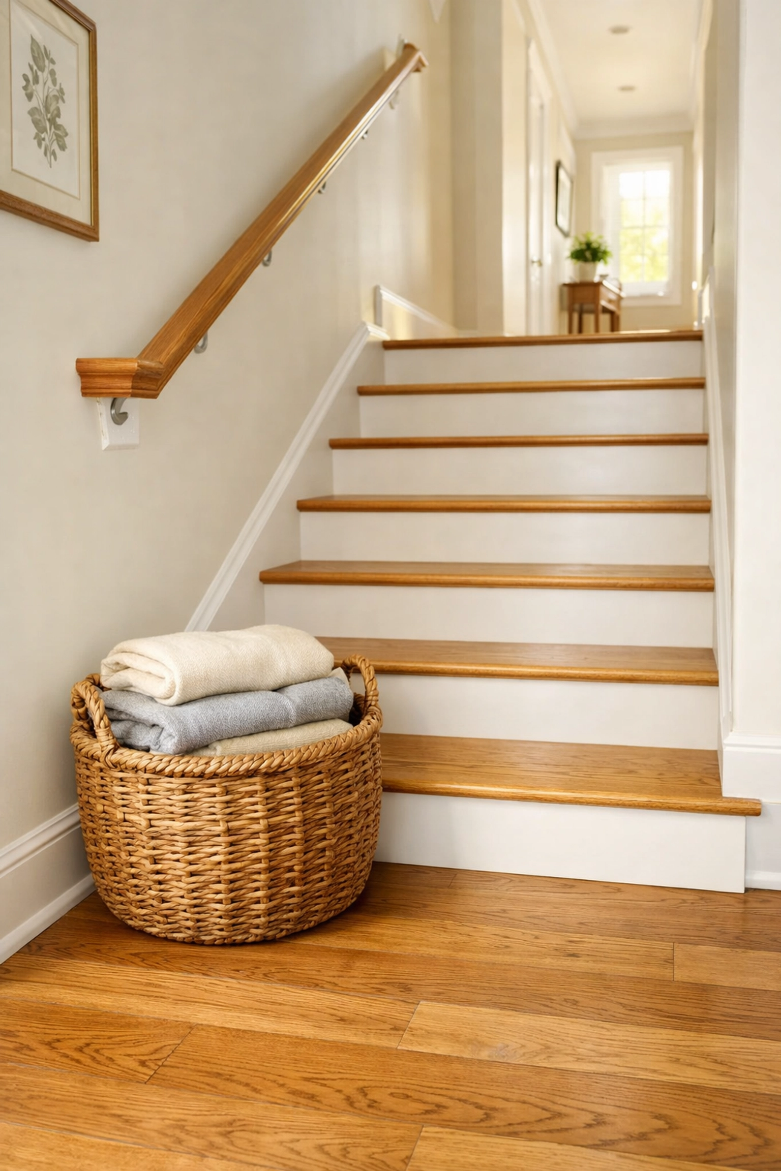 A clutter-free wooden staircase landing with a storage basket kept safely off to the side.