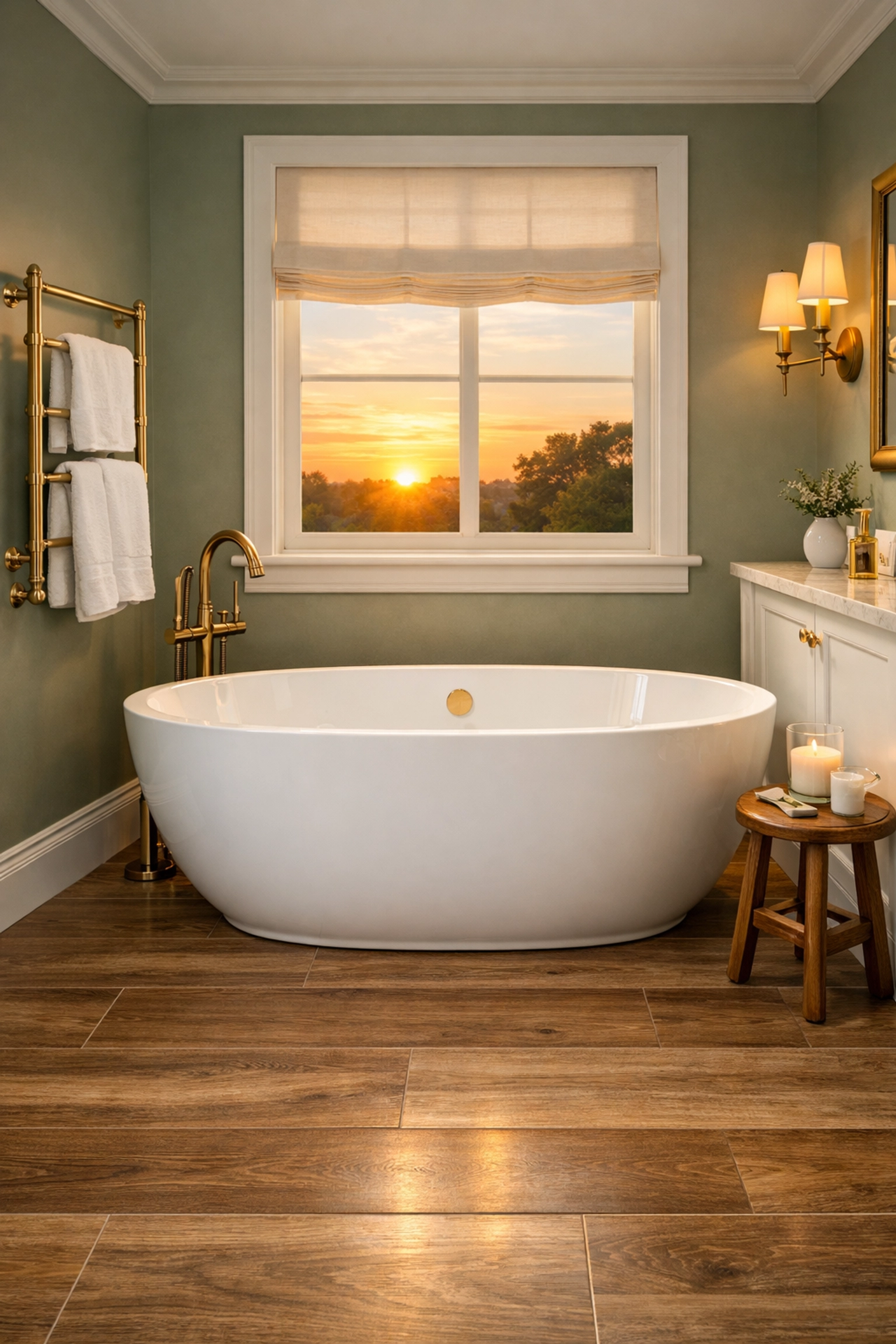 Completed luxury bathroom renovation in Cardiff with a freestanding tub and wood-effect tiles.
