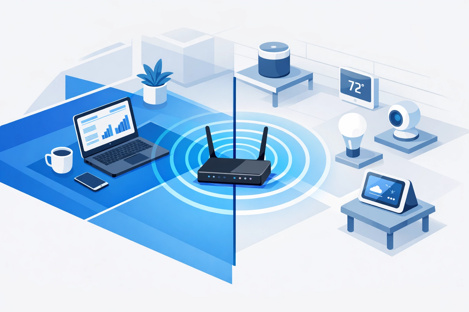 Home office network segmentation illustration showing secure work device isolation for remote teams.