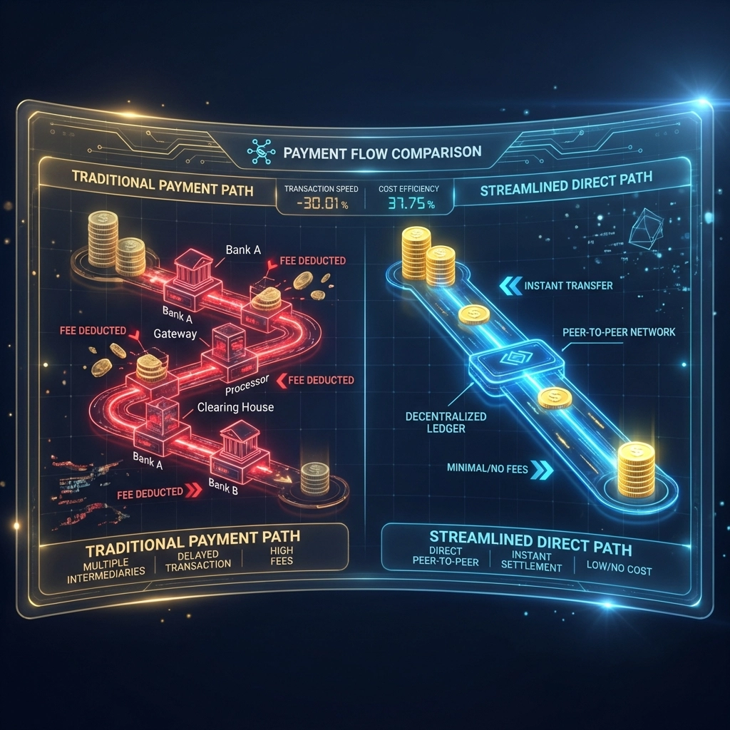 Comparison of traditional vs. streamlined crypto payment processing paths for reduced fees and efficiency