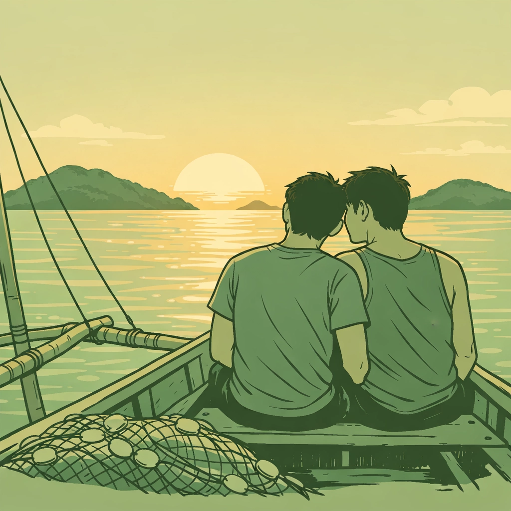 Two Filipino men sharing intimate moment on fishing boat - gay romance in coastal Philippines setting