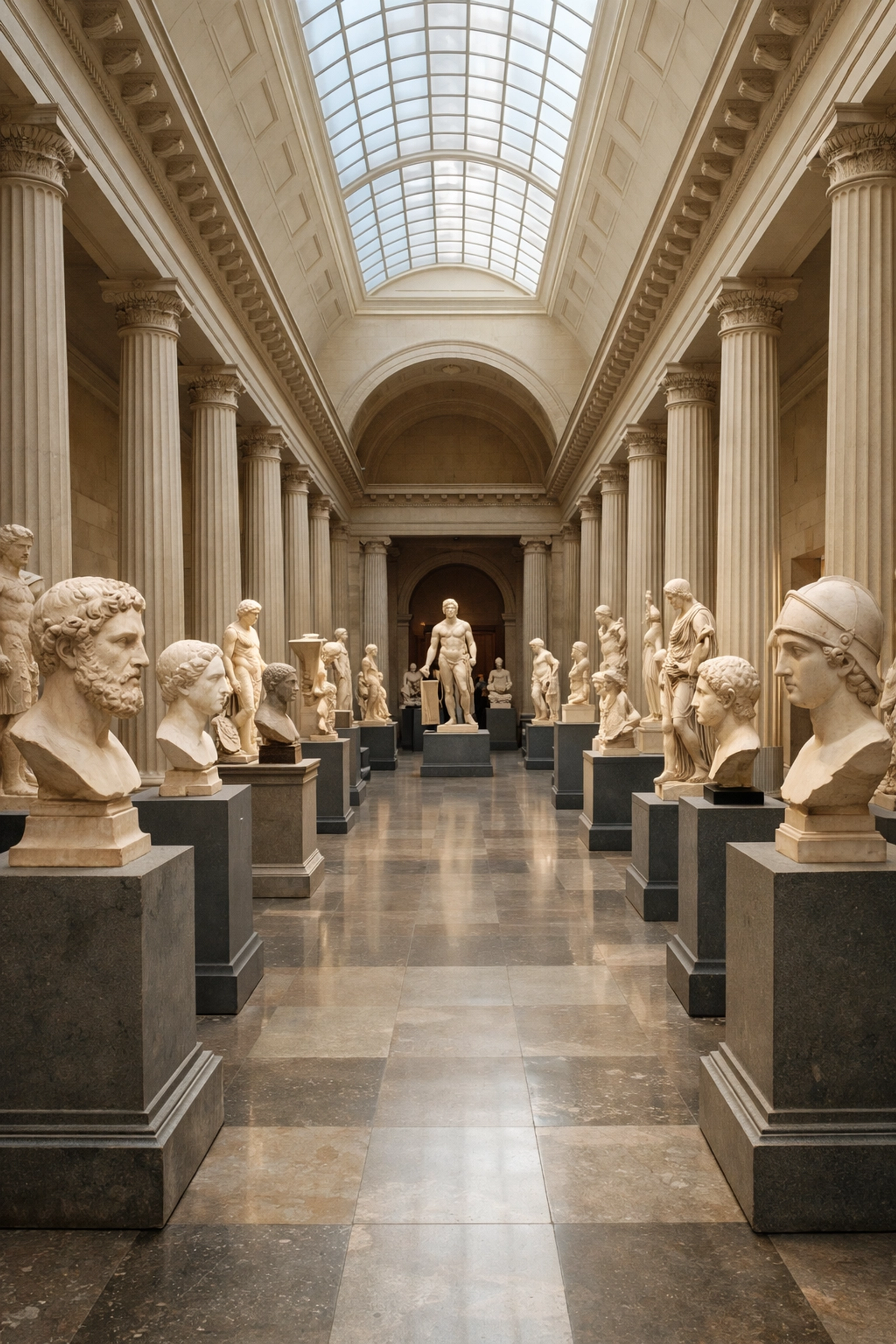 Symmetrical view of the Greek and Roman galleries at the Met, ideal for deep perspective photography locations.