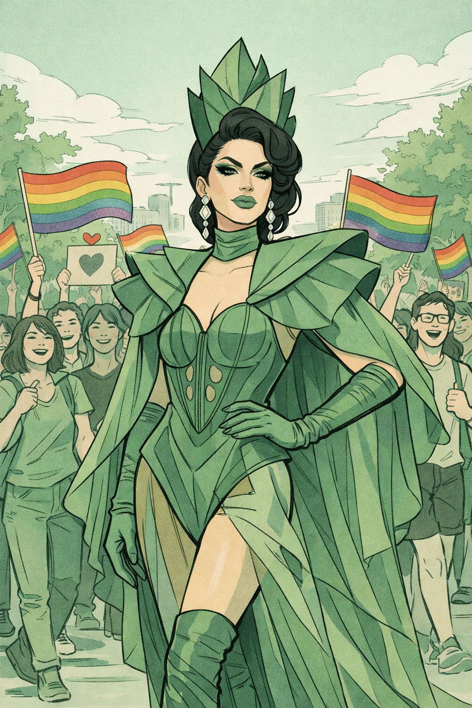 Drag queen at pride march with rainbow flags demonstrating modern LGBTQ+ activism