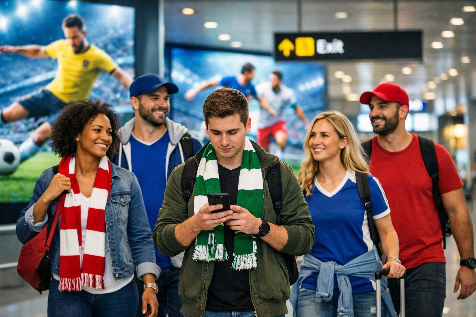 Sports fans walking past digital out-of-home advertising screens in a modern airport terminal.
