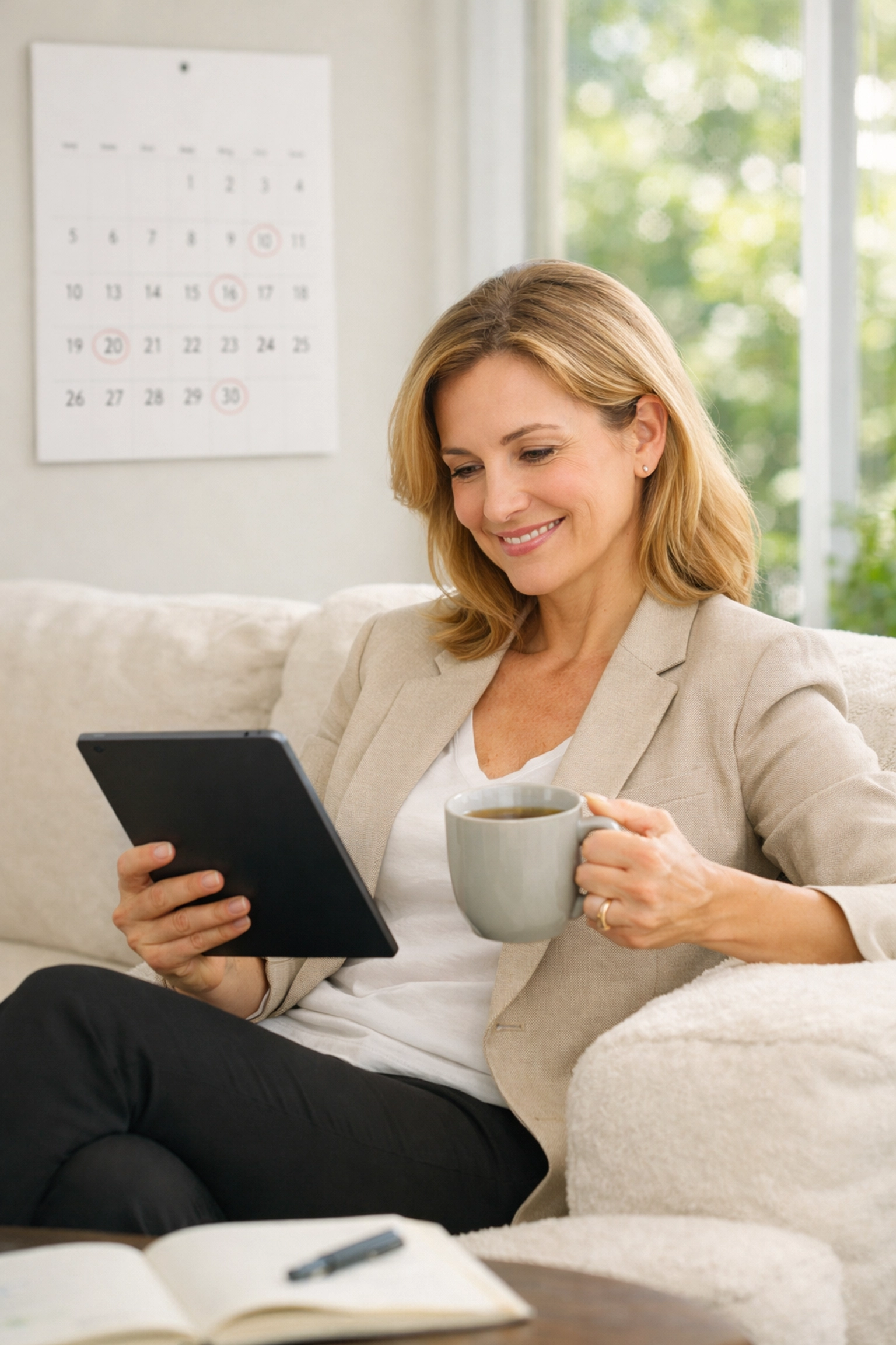 Homeowner in Woking using a tablet to plan early and get expert remortgage advice to avoid rate hikes.
