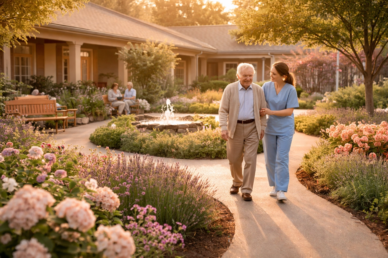 Serene memory care garden in Sarasota with elderly man and caregiver, showing safe, secure outdoor spaces for seniors with dementia.