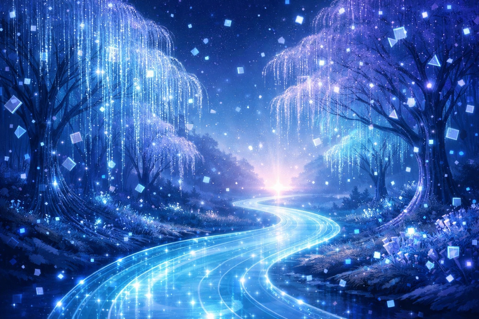 Un chemin numérique lumineux représentant un voyage de coaching de vie par IA guidé vers le succès.