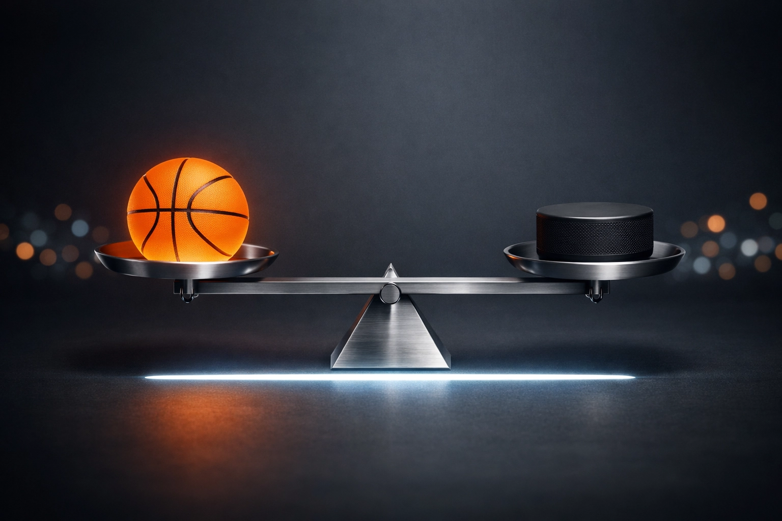 Balanced scale with basketball and puck representing the law of average in sports betting systems.