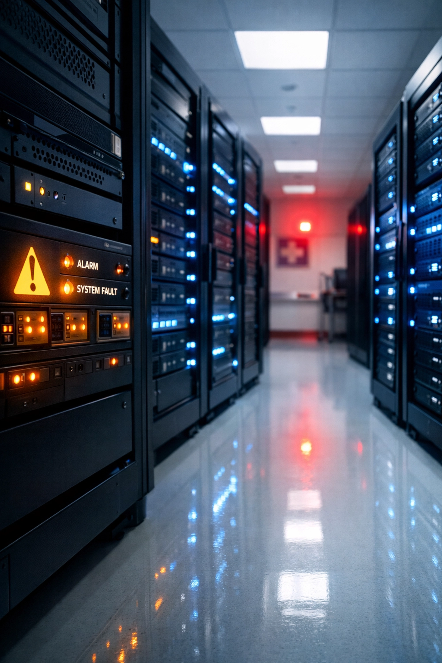 Modern hospital server room showing legacy equipment transition to cloud infrastructure