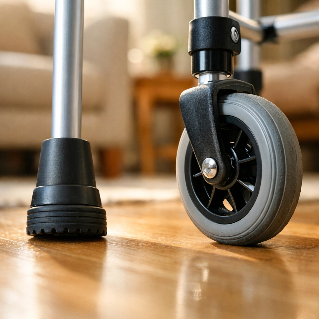 Close-up of a rubber cane tip and walker wheels, highlighting essential mobility aid maintenance for safety.
