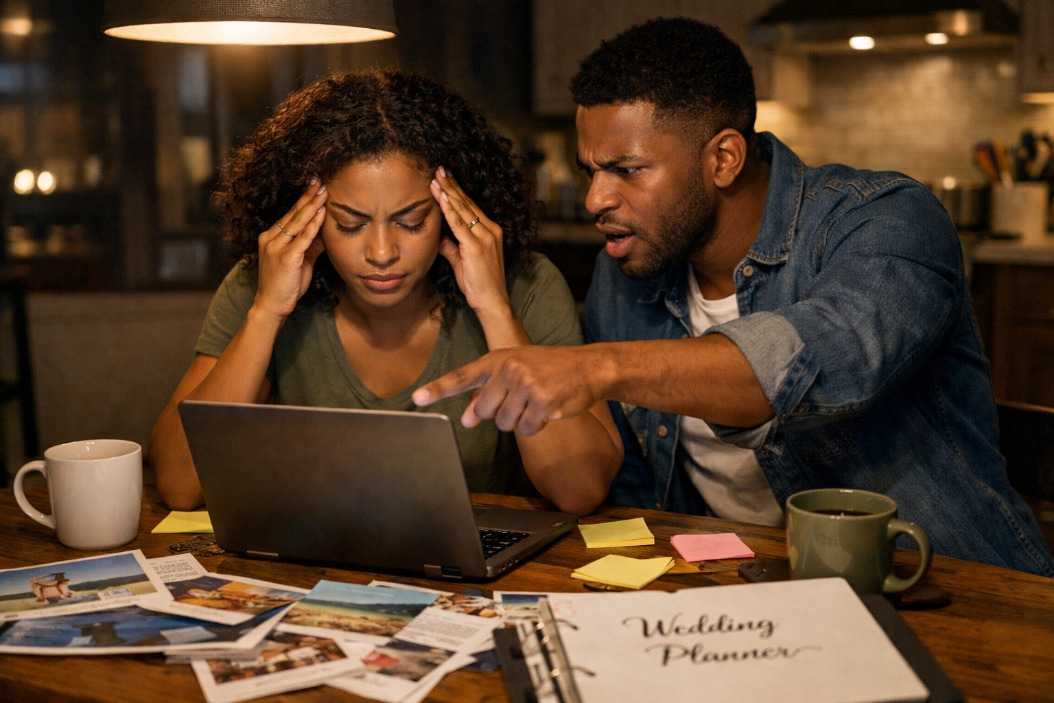 Couple stressed planning DIY honeymoon late at night with laptop and travel brochures
