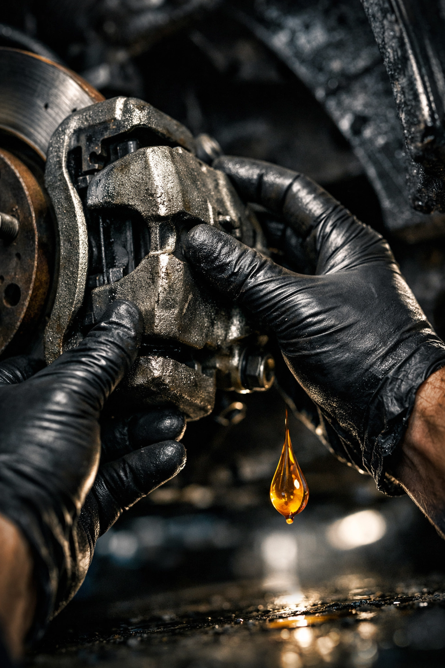 Mechanic inspecting a car brake caliper while identifying an amber oil leak warning sign.