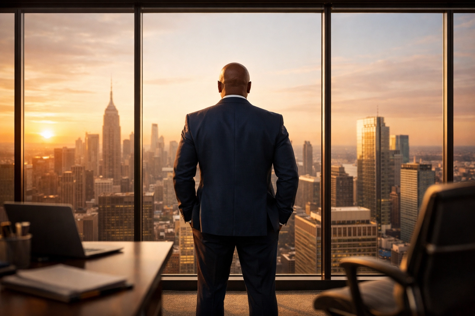 Business owner looking at city skyline, representing long-term growth and SBA loan expansion.