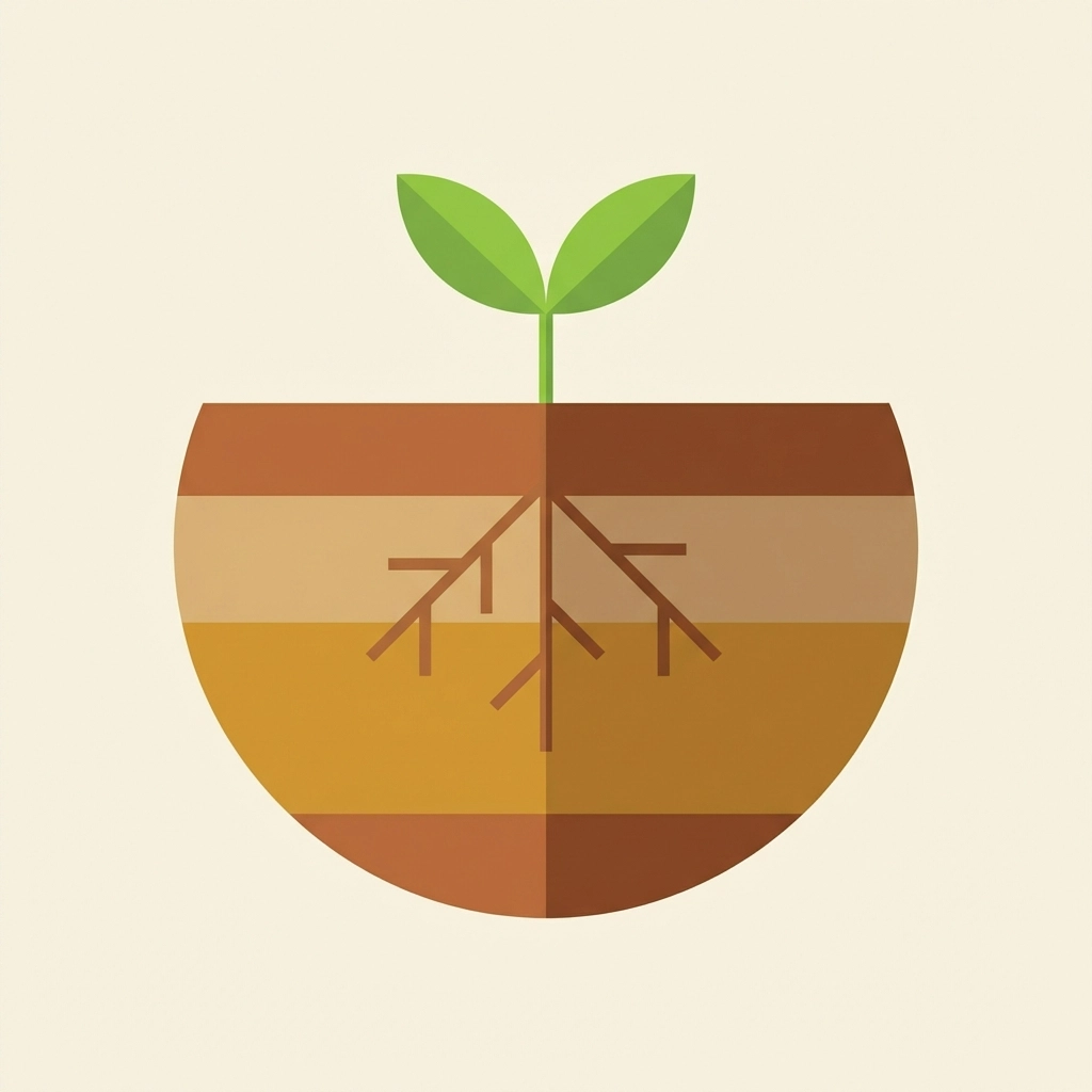 Cross-section of a small container with soil, roots, and a sprouting seedling for kids' herb gardening