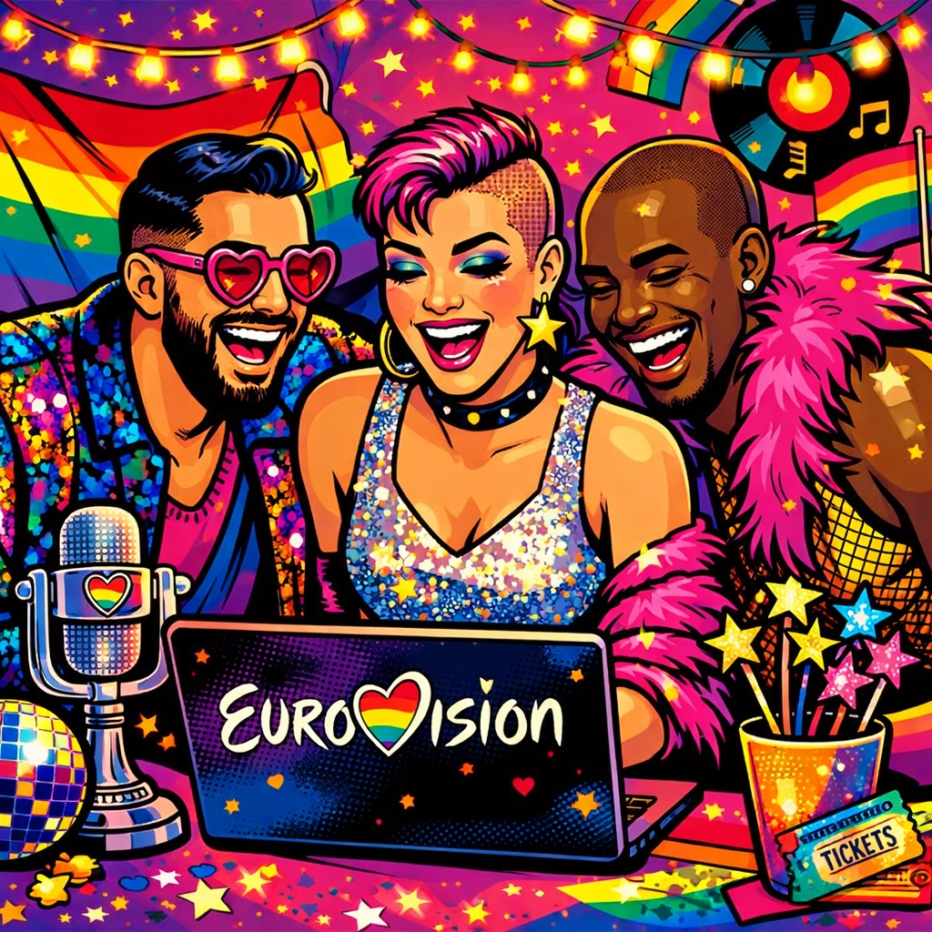 LGBTQ+ friends celebrating Eurovision in colorful outfits and rainbow decor