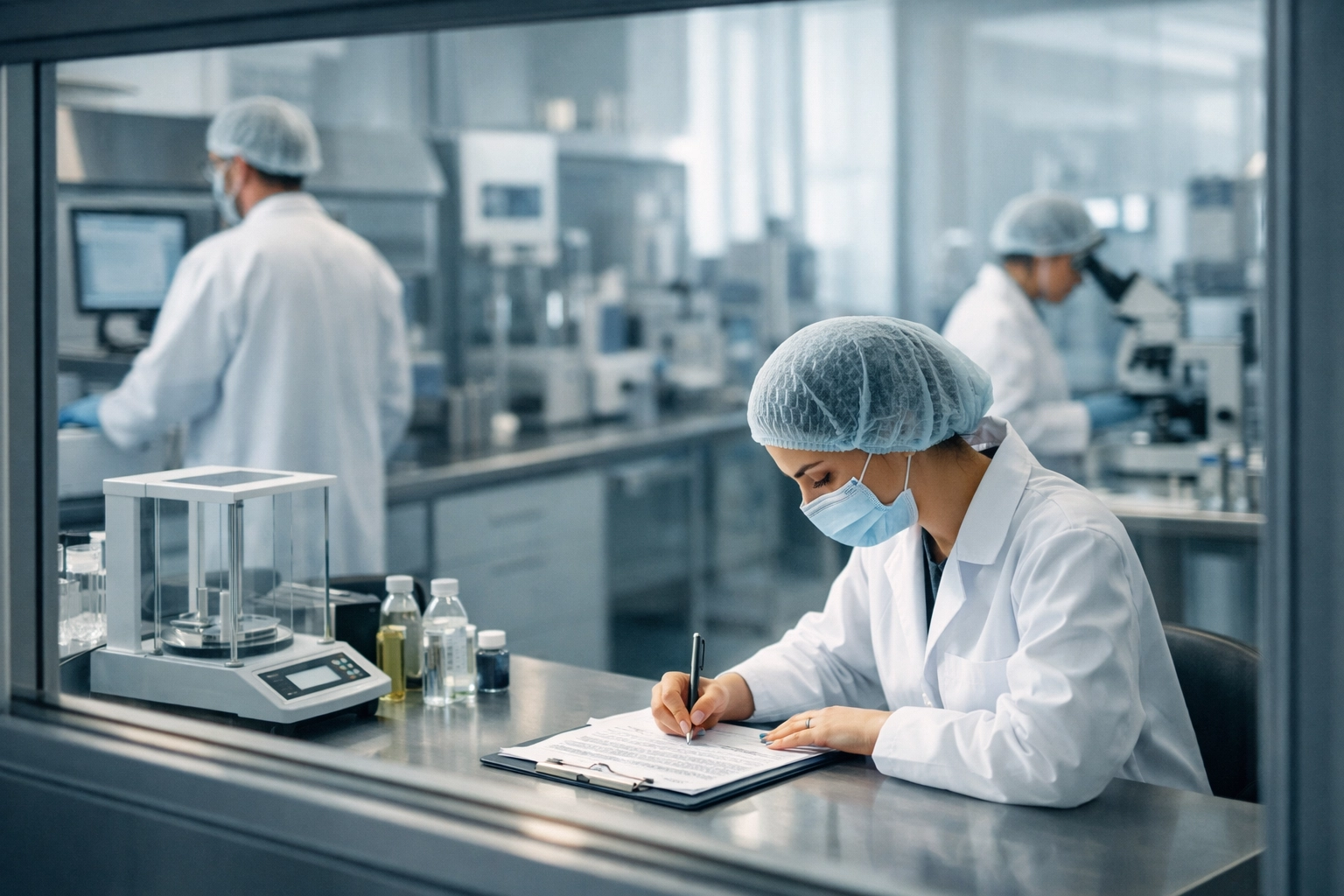 Pharmaceutical quality control laboratory with scientists documenting compliance procedures