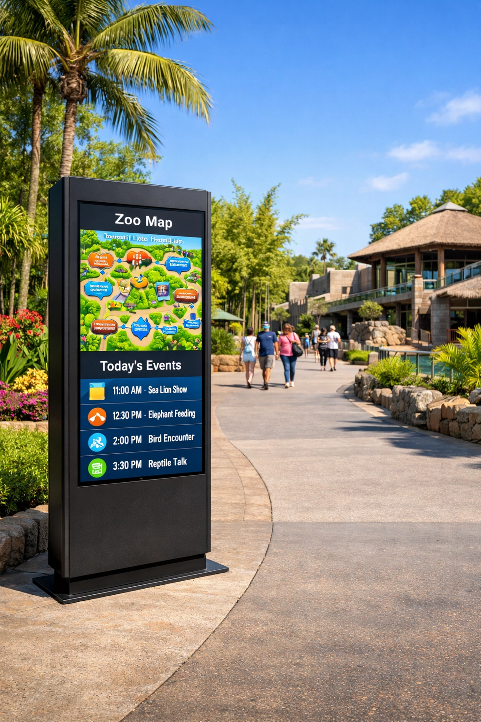 Modern digital wayfinding kiosk on a zoo walkway displaying a real-time map and daily event schedule.