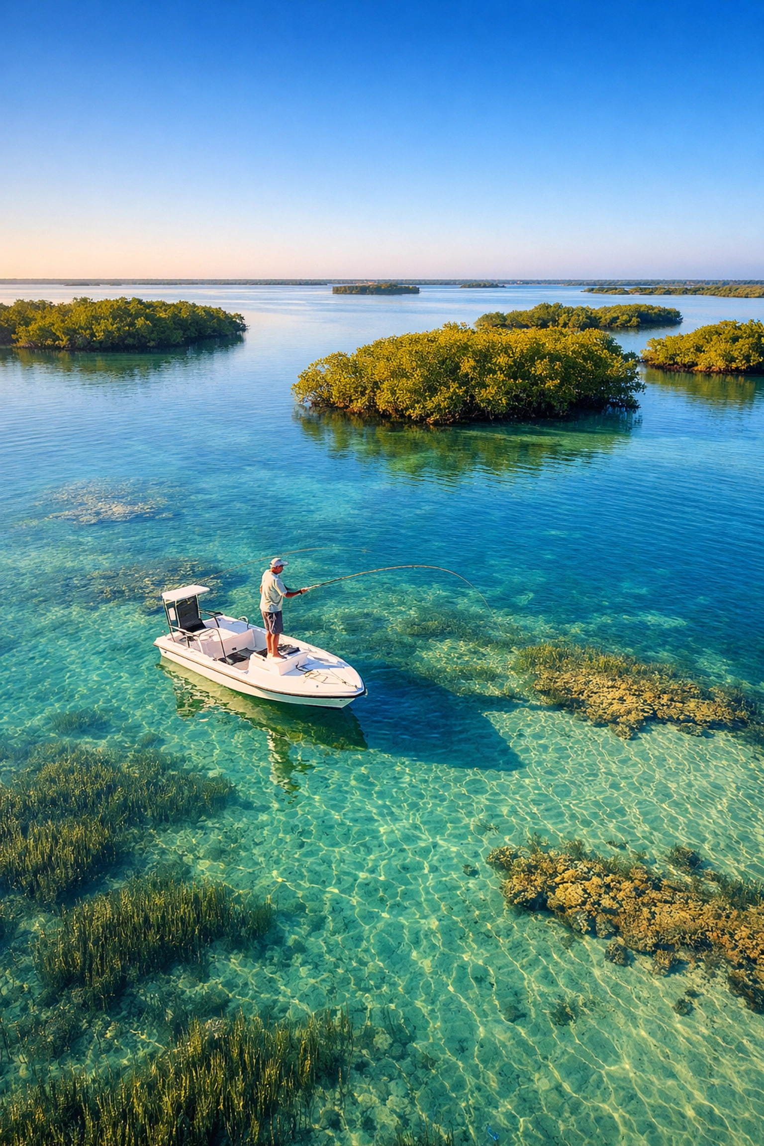 Aerial view of angler fishing in crystal-clear waters of Matlacha Pass, Lee County, surrounded by mangroves