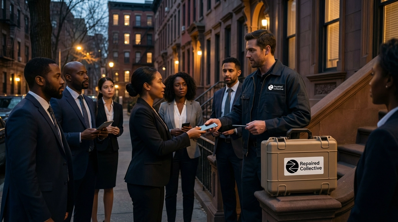 Diverse professionals in Brooklyn hustling through a city street, close-up on a cracked phone screen, highlighting NYC mobile phone repair services.