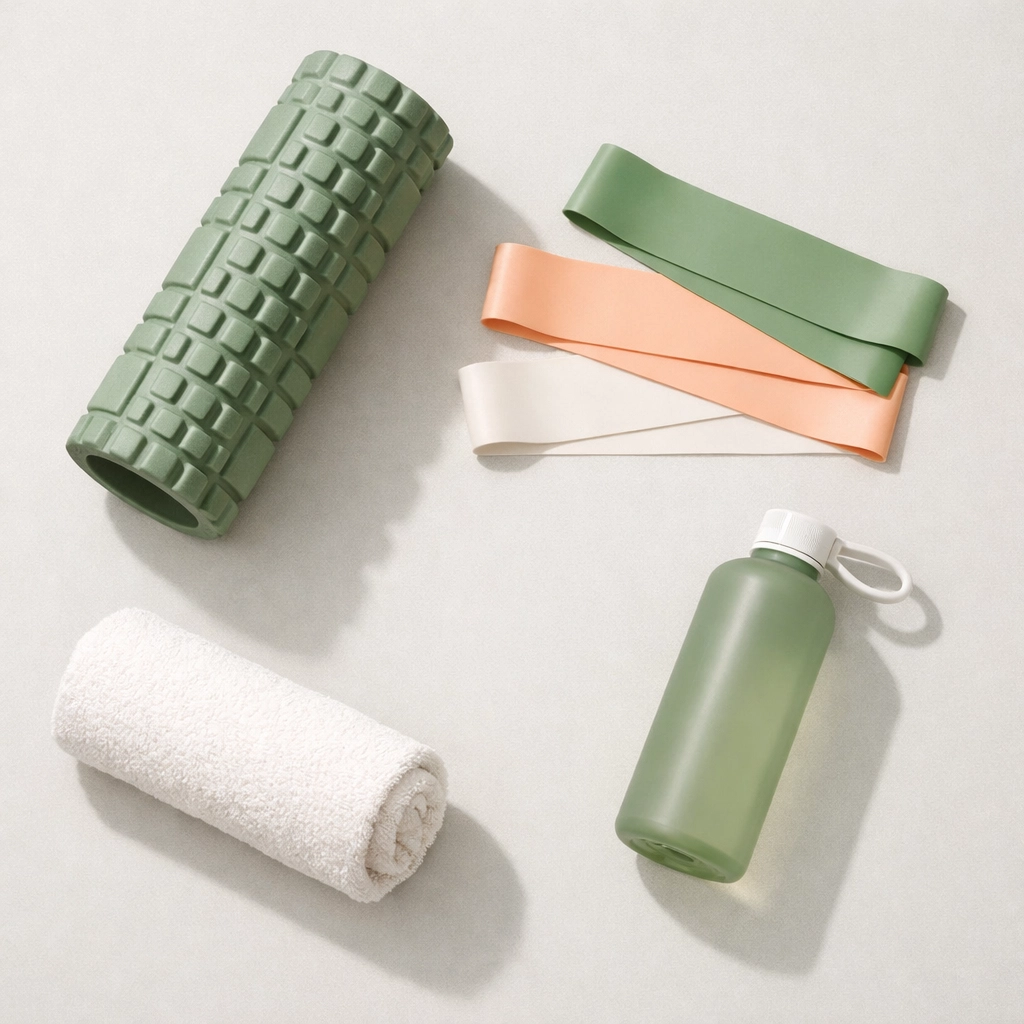 Athletic recovery equipment including foam roller and resistance bands for rest days