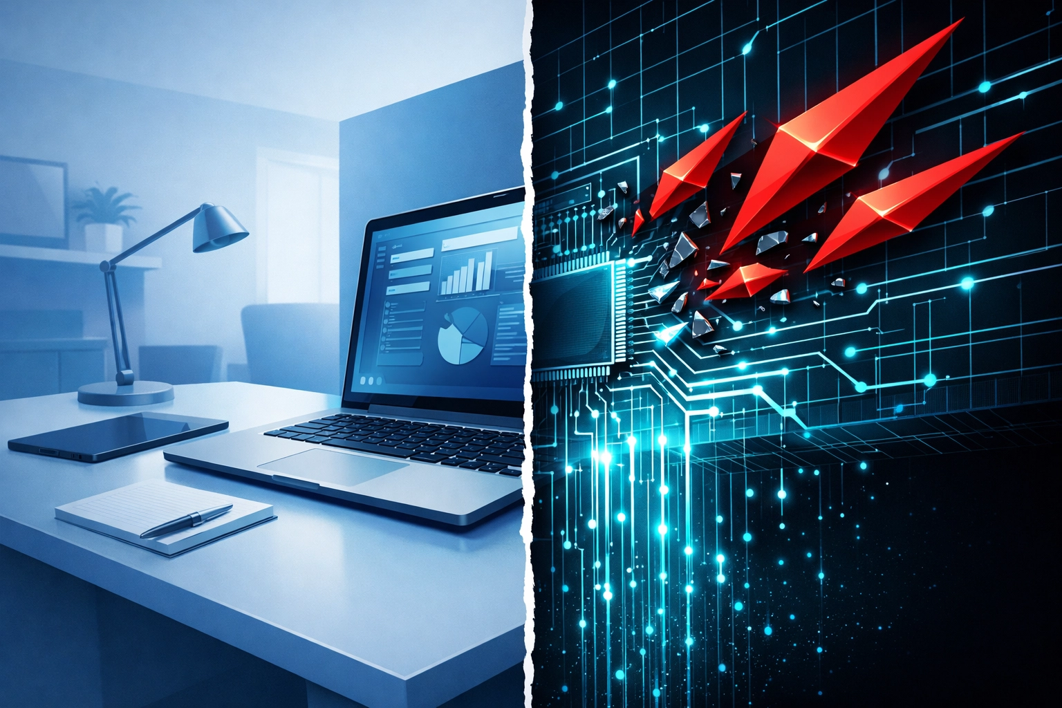 Split view of an office workstation experiencing a digital intrusion and data leak through its network.