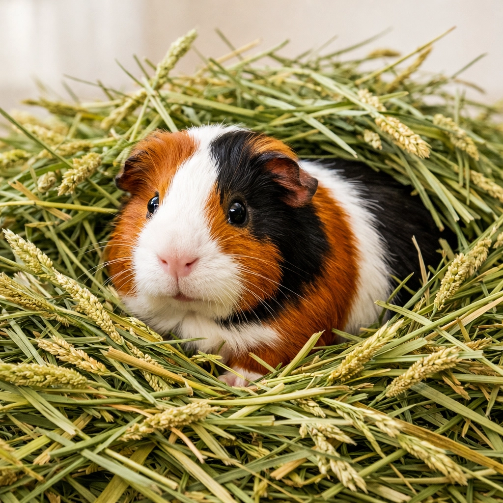 A guinea pig eating premium Timothy hay, essential for grinding down constantly growing teeth.